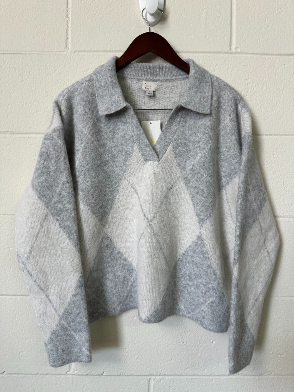 NWT A New Day Grey/White Argyle Polo Women's Long Sleeve Sweater